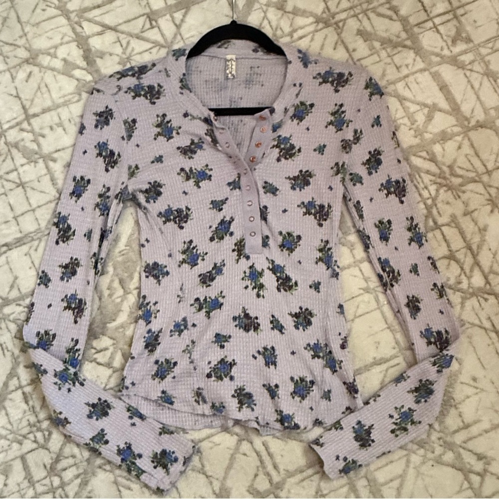 Free People Floral Thermal Snap Henley | Waffle Knit Long Sleeve Top | XS - Picture 5 of 10